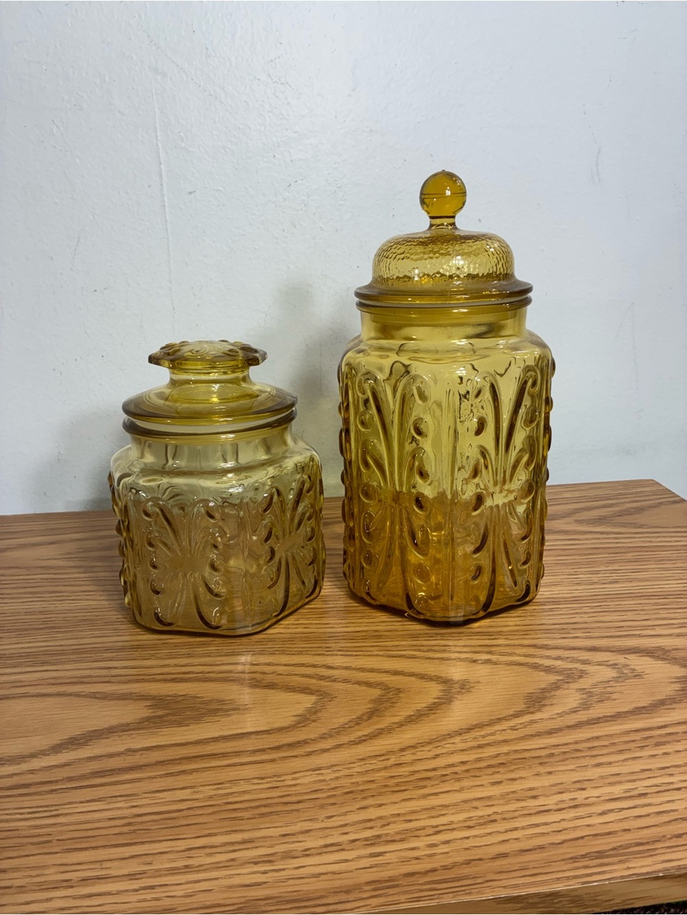 2 Vintage LE Smith Amber Atterbury Scroll 10” Glass Canisters